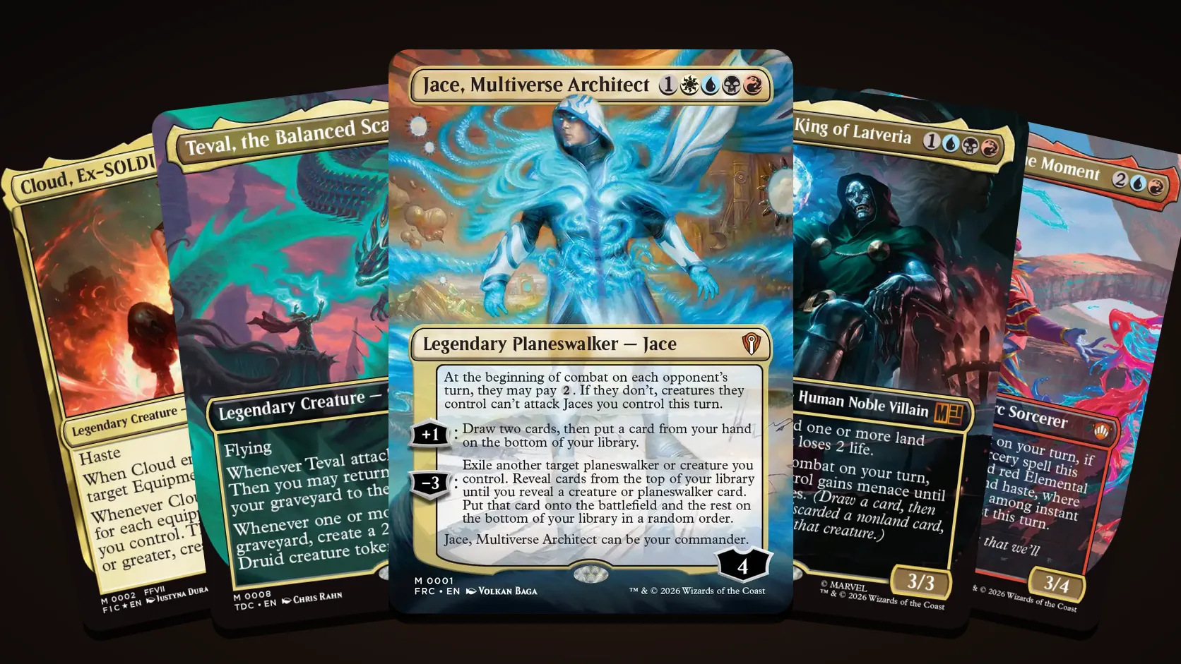 Five Commander precon face cards fanned out: Jace, Multiverse Architect in the centre, with Cloud, Ex-SOLDIER, Teval, the Balanced Scale, Doctor Doom, King of Latveria and Rootha, Mastering the Moment